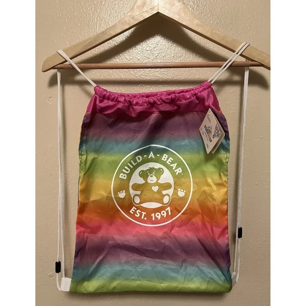 Build A Bear Sling Backpack‎ Rainbow Drawstring Bag Tote Plush Bear Carrier NWT